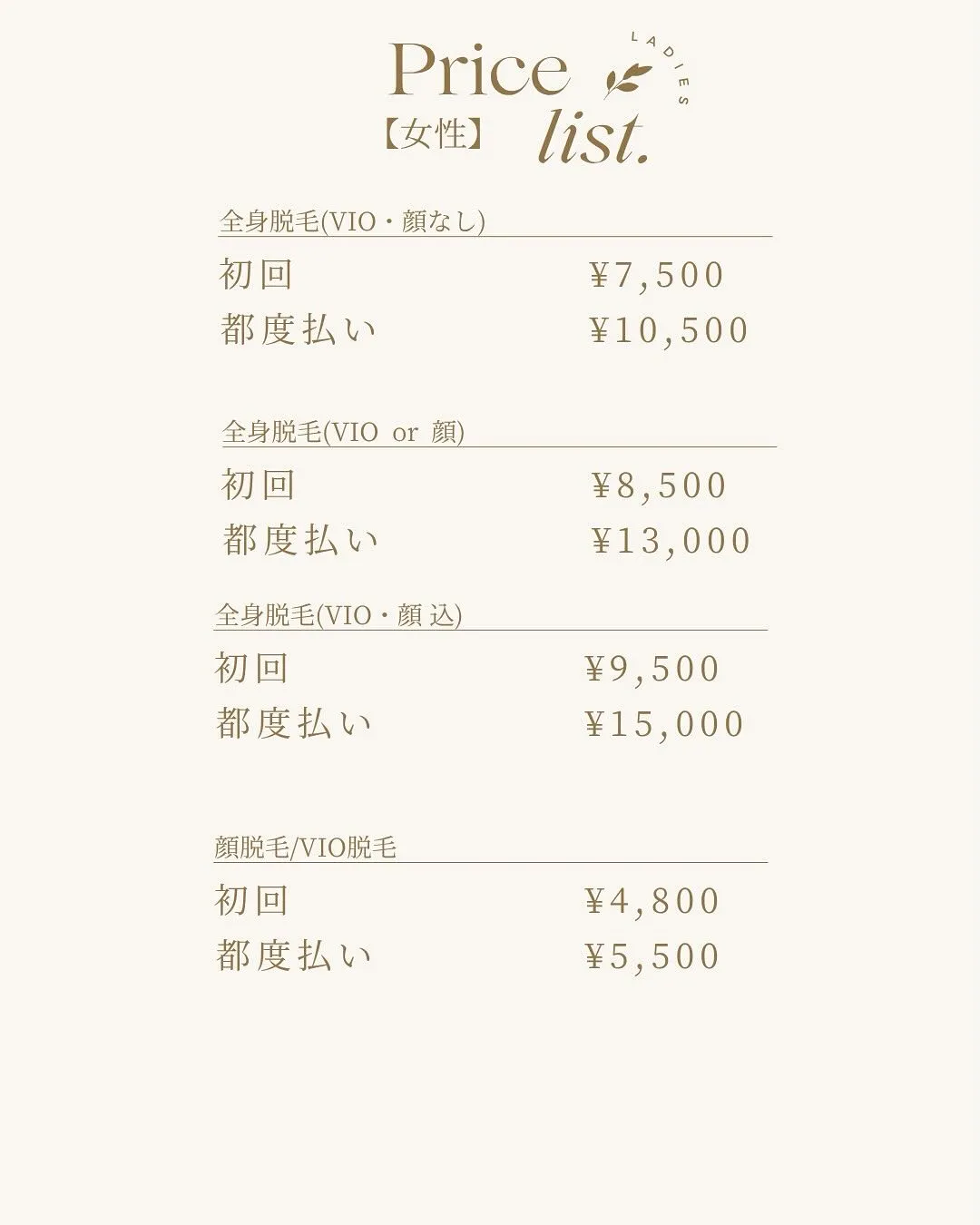 光脱毛のメニュー表、