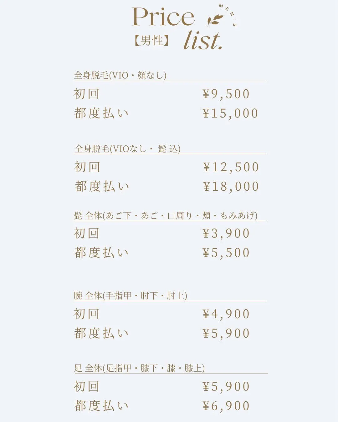 光脱毛のメニュー表、