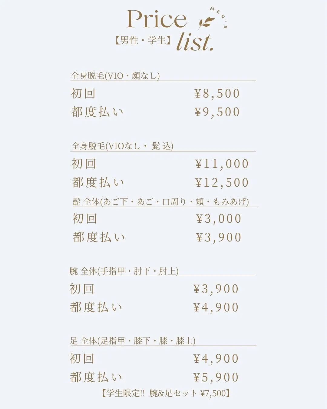 光脱毛のメニュー表、