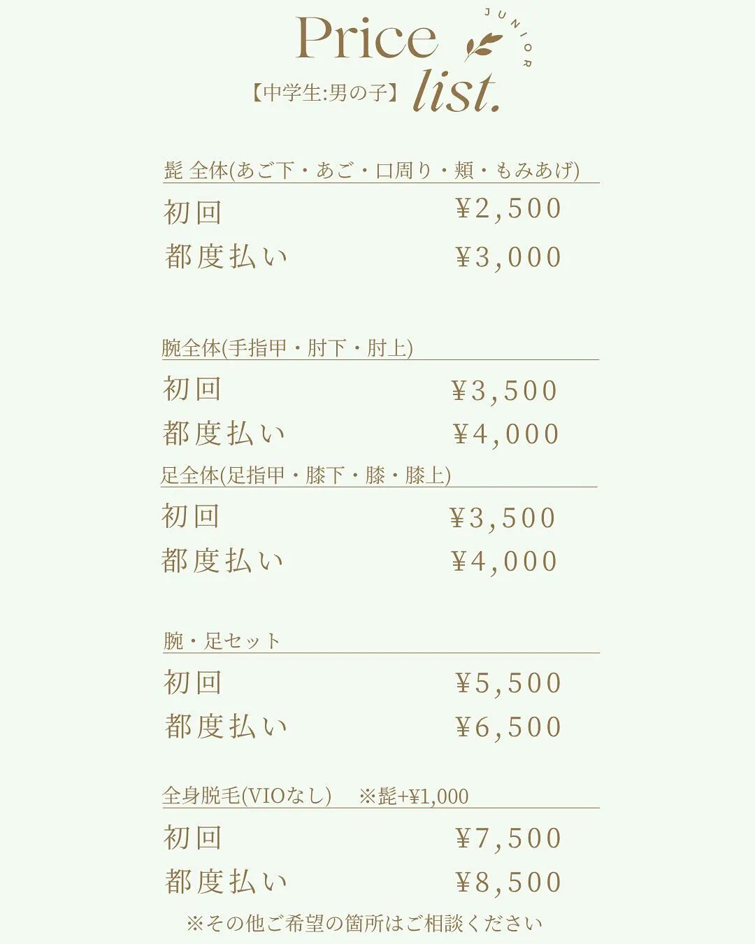 光脱毛のメニュー表、