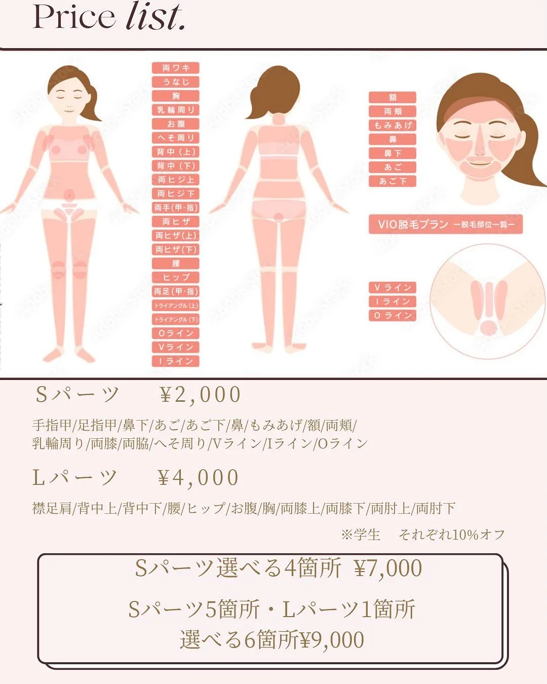 光脱毛のメニュー表、