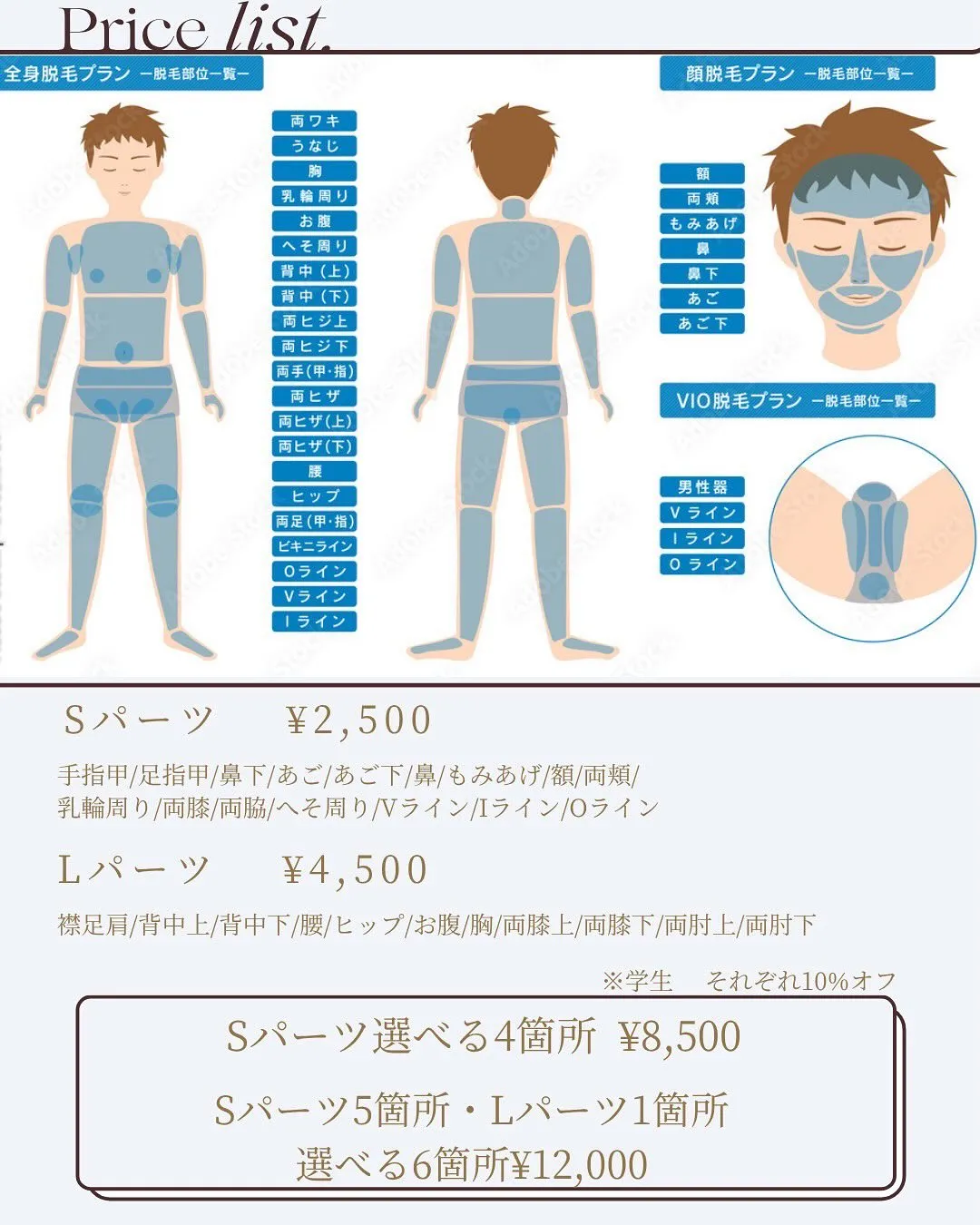 光脱毛のメニュー表、